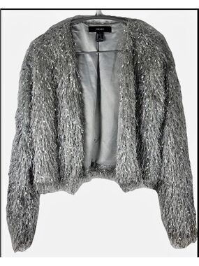 Forever 21 Fuzzy Cropped Jacket Gray Shaggy Open Front Womens Small